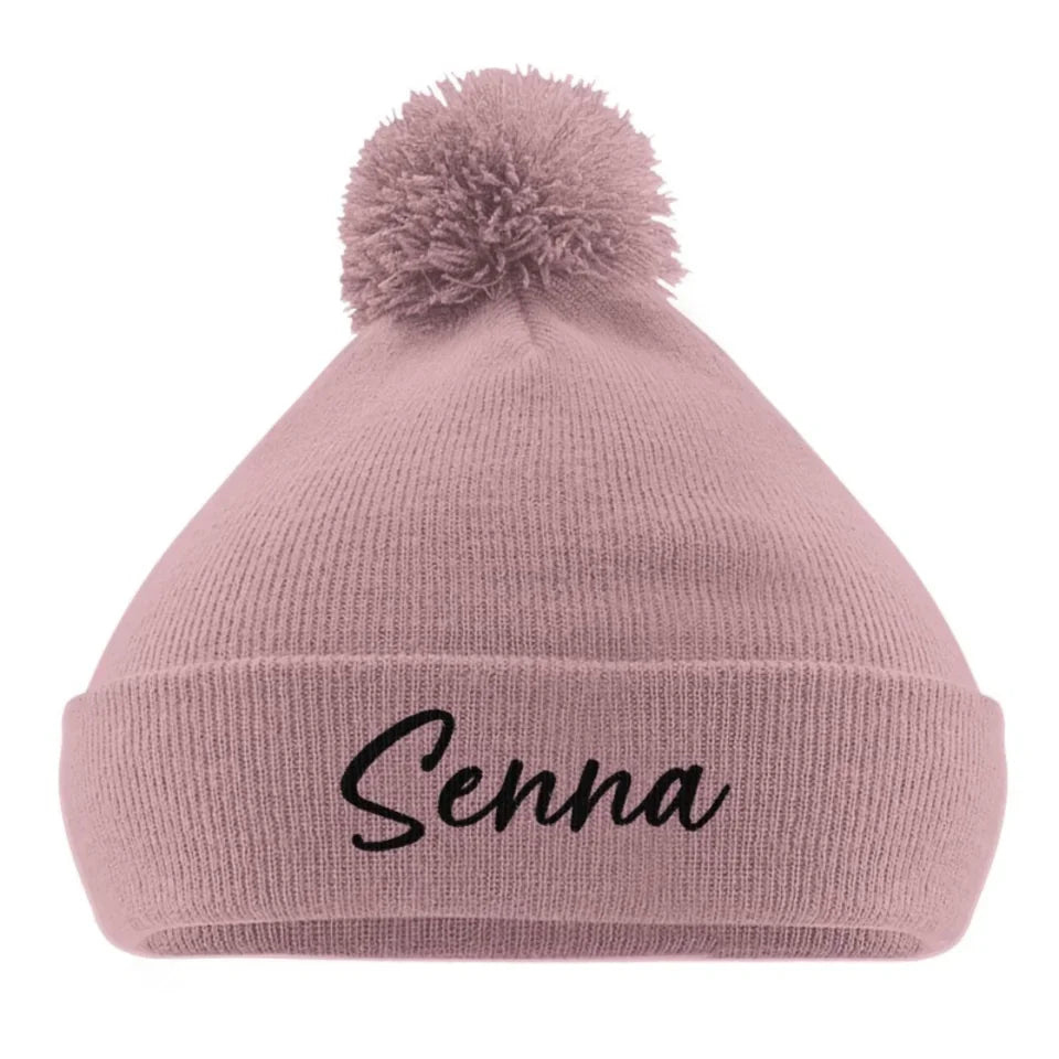 Gepersonaliseerde geborduurde pom pom beanie