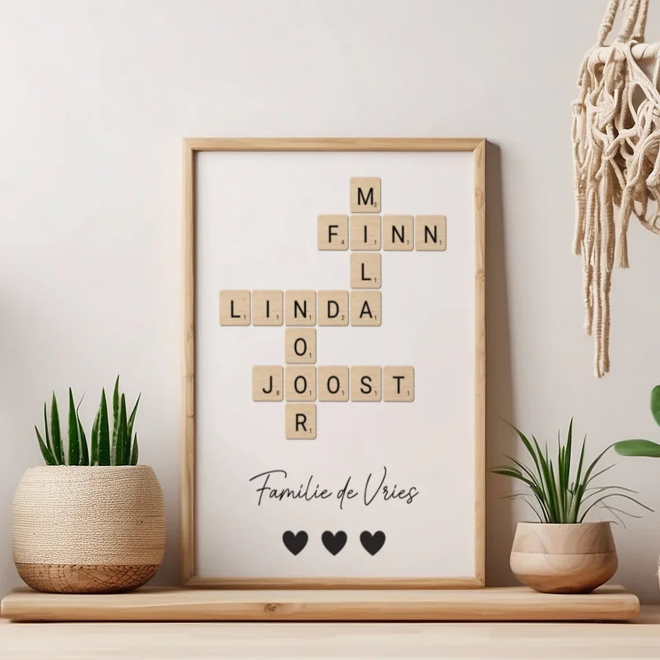 gepesonaliseerded scrabble poster met lijst en namen gezin