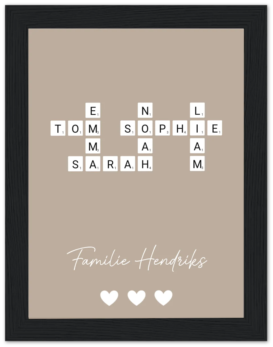 Scrabble in kleur - Gepersonaliseerde poster met lijst