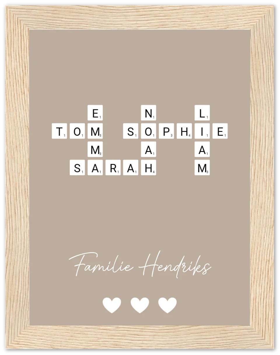 Scrabble in kleur - Gepersonaliseerde poster met lijst